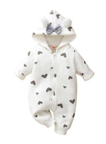 Image of BRANDONN Kids Baby Cotton Fleece Jumpsuit Romper Onesie Sleep Suit Hooded Semi Winter Zipper (White & Grey, 3-6 Months, Length : 56 cm x Chest : 28 cm)