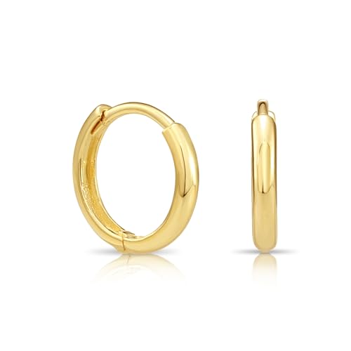 Image of 14K Yellow Gold Huggie Hoop Earrings, Shiny and Small, Round and Oval