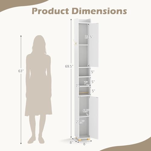 Image of Tangkula Narrow Bathroom Cabinet, 69.5 inch Tall Storage with 2 Doors & Adjustable Shelves, Toilet Paper Rod & Side Hook, Anti-toppling Design, Slim Floor Cabinet for Small Spaces (White, 1 Pack)
