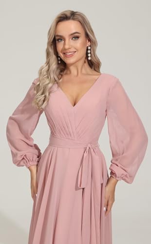 Long Sleeve Bridesmaid Dress V Neckes 2025 New Chiffon Wedding Guest Dresses Formal Evening Dress for Women,R163