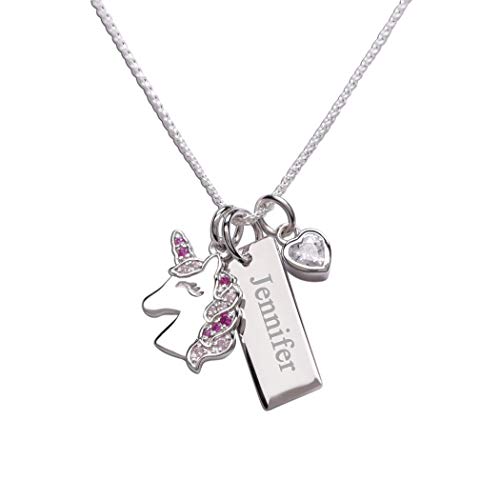 Girls Personalized Sterling Silver Bar Necklace with Unicorn Charm and CZ Heart for Children, Kids, Toddlers with Custom Engraved Name Jewelry