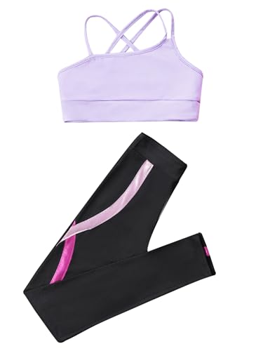 easyforever Kids Girls Two Piece Athletic Leggings And Crop Tops Tracksuit Activvewear Set Gymnastics Dance Workout Outfits Lavender&Rose 6 Years3