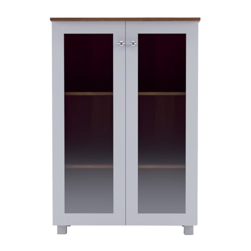 Image of Hobbit Engineered Wood Bookshelf | Book Storage & Display Cabinet for Living Room, Study Room & Home Office | 2 Door Glass Cabinet Storage | Leon Teak & White Finish