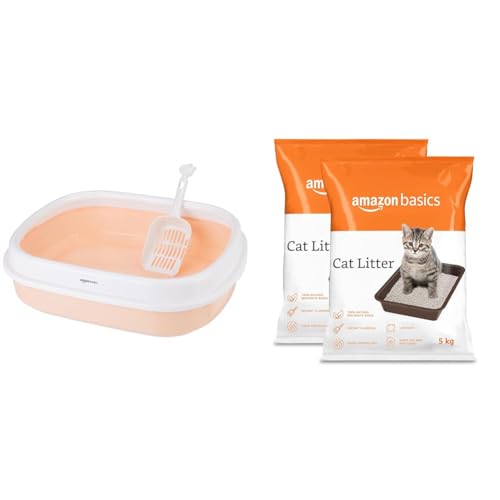 Image of Amazon Basics Cat Litter Box Tray with Free Scooper, Pink & Amazon Basics Scoopable White Bentonite Cat Litter | Unscented | 5Kg - Pack of 2