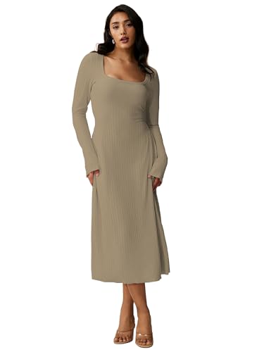 Image of Shasmi Women's Square Neck A-Line Dress - Long Sleeve, Tie Waist, Knitted Stretchable, Casual & Office Outfit, Solid Winter Midi Dress for Women (Dress 221)