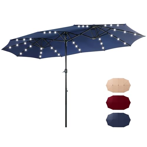 GREEN PARTY 13 ft Large Patio Umbrella with Solar Lights, Double-Sided Outdoor Table Umbrella with Crank, Rectangle Market Umbrellas for Poolside Garden Backyard, Navy Blue