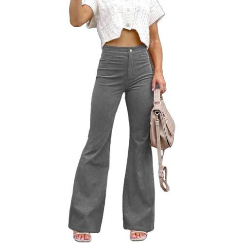 Corduroy Pants for Women High Waisted Stretchy Flare Pants Casual Wide Leg Bell Bottom Trousers with Pockets