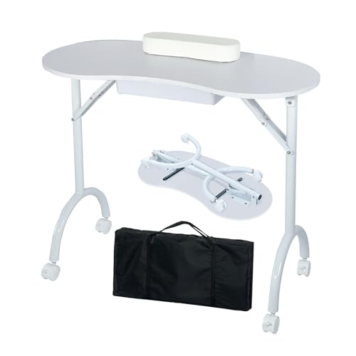 LOVEVLOGY Protable Nail Desk with Drawer Foldable Manicure Table with Carry Bag for Professional Beauty Nail Salon Mobile Folding Nail Technician Workstation White