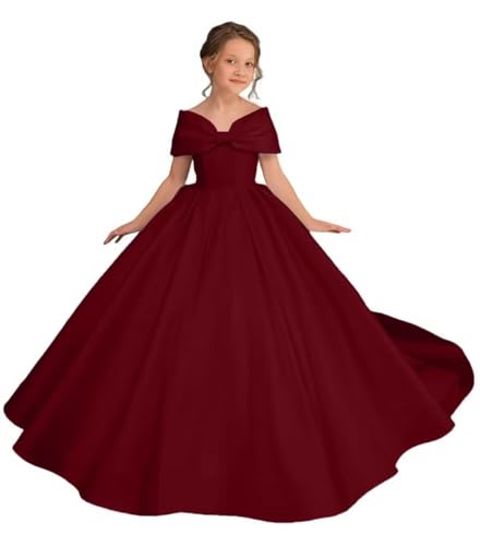 Off Shoulder Satin Flower Girl Dress Kids Princess First Communion Dress Long Formal Prom Ball Gowns Bow Knot