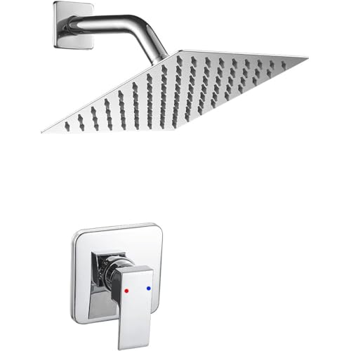 Kit de grifería para ducha con función única, sistema de ducha tipo lluvia de 8 pulgadas, montaje en pared cuadrado, metal acero inoxidable, acabado cromado miniatura 1