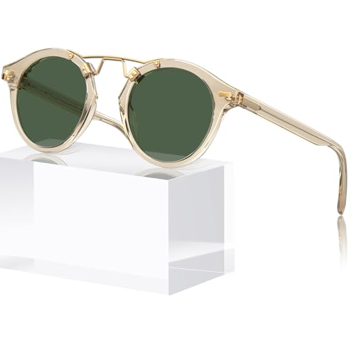 CARFIA Metal Double Bridge Clear Yellow Small Acetate Sunglasses for Women Polarized Retro Fashion Lady Sunnies Round Shades