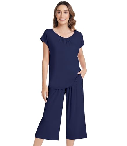 Image of NACHILA Women's Pajamas Set Short Sleeve Sleepwear Soft Pjs Cool Pajama with Capri Pants, Viscose Made from Bamboo