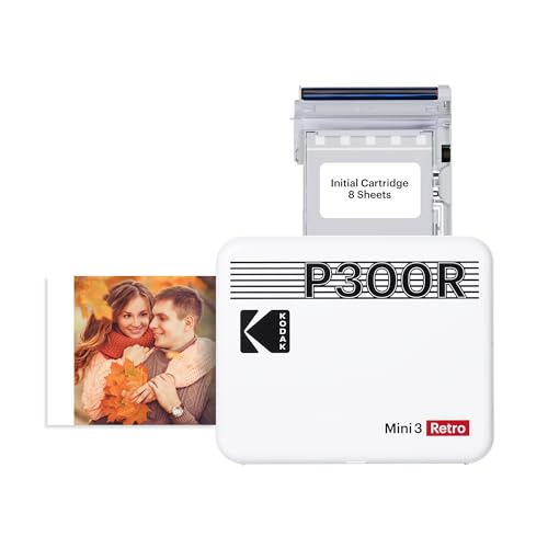 KODAK Mini 3 Retro 4PASS Portable Photo Printer (3x3 inches) + 8 Sheets, White