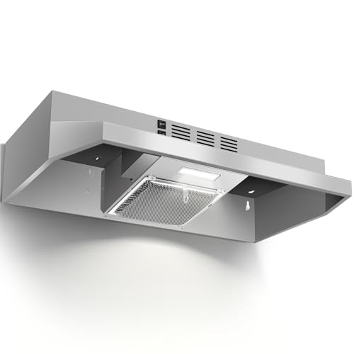 24 inch Range Hood Under Cabinet, Stainless Steel Kitchen Hood 280CFM, Ducted/Ductless Vent Hood with Rocker Button Control, Stove Hood with 2 Speeds Fan, Bright LED Light