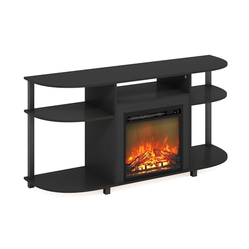 Image of Furinno Jensen Fireplace TV Stand, Curved Entertainment Center, TV Console for TV up to 55 Inch with Fireplace and Open Storage, for Living Room, Bedroom, Americano