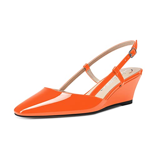 Castamere Damen Mittlerem Keilabsatz Absatz Heel Eckige Zehenkappe Slingback Pumps Chunky Blockabsatz 5 cm Heels Knöchelriemen Dress Sandalen Orange 37 EU