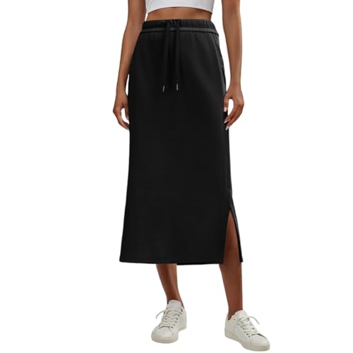 Long Skirts for Women Fall Maxi Skirt High Waist Trendy Drawstring Side Slit Casual Long Athletic Sweat Skirts