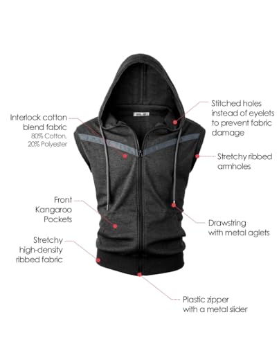 Image of Ohoo Mens Slim Fit Sleeveless Lightweight Zip Up Hooded Sweatshirt Vest Hoodie