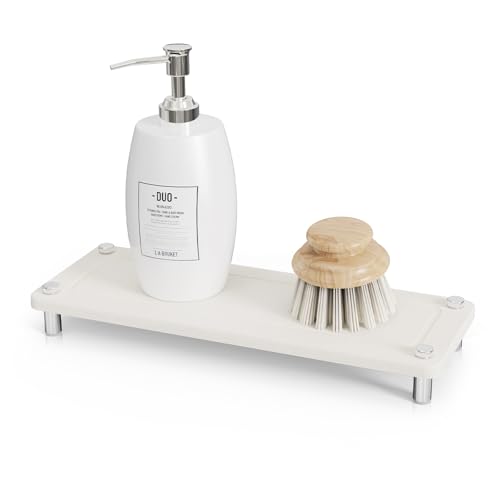 Johamoo Kitchen Sink Caddy Water Absorbing Stone Tray For Sink, Diatomite Bathroom Countertop Tray Organizer, Faucet Stone Drying Mat Coaster Soap Dish Sponge Dispenser Holder (White)