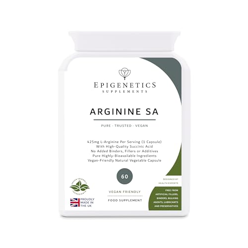 Arginine SA | 425mg L-Arginine Amino Acid + Succinic Acid Natural Antioxidant | 60 Vegan Capsules UK Made | 1 Capsule Daily (2 Month Supply)