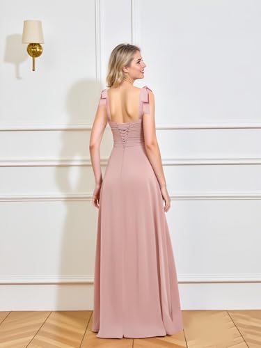 homdor Spaghetti Straps Chiffon Bridesmaid Dresses for Women Long Ruffles Scoop Neck Pleated Formal Evening Gown with Slit2