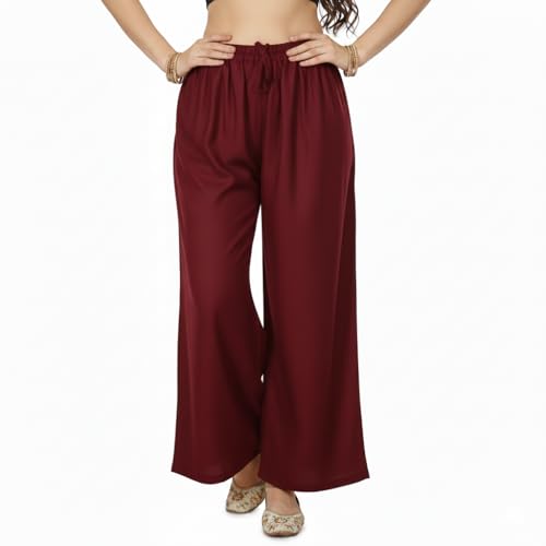 Image of Women's Rayon Palazzo Pants | Solid Color Wide Leg Trousers in 18 Shades | Elastic Waist Casual Bottoms XS-7XL | Comfortable