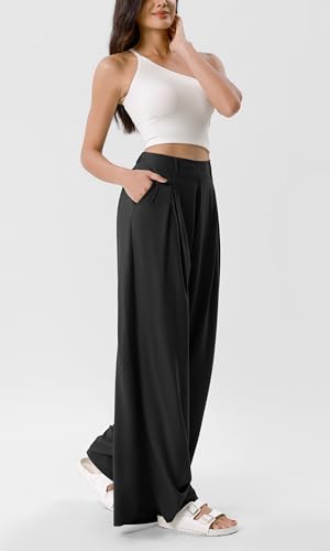 ODODOS Chiffon Flowy Pleated Wide Leg Pants for Women Lightweight High Waist Trouser with Pockets-27/29" /31" Inseam2