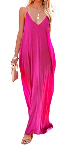 Image of R.Vivimos Women's Summer Casual Adjustable Spaghetti Strap V Neck Boho Loose Fit Backless Maxi Dress with Pockets