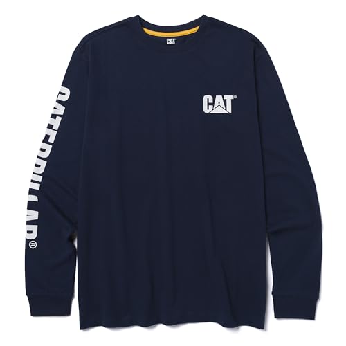 CAT Caterpillar Trademark Banner Mens Long Sleeve T-Shirt Center Back Neck Wire Management Loop Logos Detroit Blue White Medium