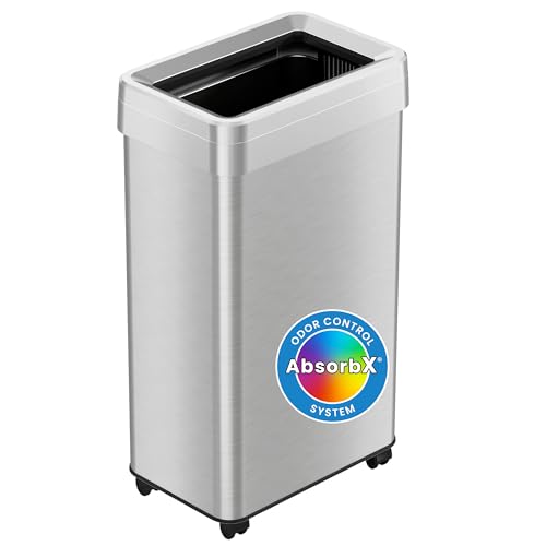Image of iTouchless 18 Gallon Open Top Kitchen Trash Can Recycling Bin with Wheels and Double Odor Filters Rectangular Commercial Stainless Steel 68 Liter Trashcan Home Office Work Bedroom Livingroom Garage