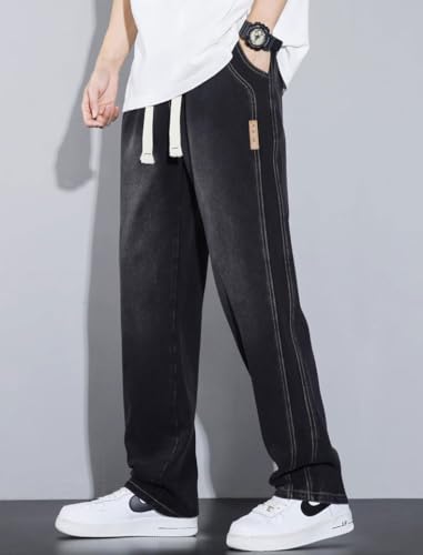 chouyatou Men's Vintage Washed Wide Leg Baggy Jeans Drawstring Elastic Waist Barrel Denim Pants with Pockets3