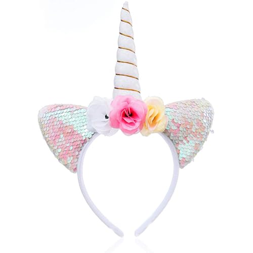 OIUUBBII Unicorn Horn Headband for Women - White Sparkly Unicorn Hairband Festival Birthday Womens Party Accessories