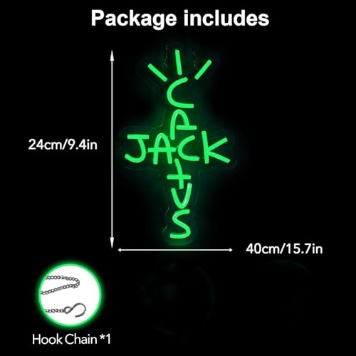 Image of Jack Cactus Neon Signs for Wall Decor Neon Wall Art Acrylic LED Lights with Hanging Chain Light Up Signs for Bedroom Decor Man Cave Bar Pub Wedding Party 5V USB Operated Dimmable