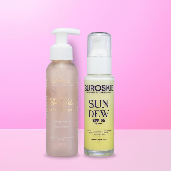 SUROSKIE Rose Petals Melt Cleanser & SUN DEW SPF 55 PA+ (120ml + 50gm) | Glow Brighten Skin | UVA/B Protection | Vitamin E & Rose| 2 in 1 Face Wash + Makeup Remover|Repair Skin Barrier | Men & Women