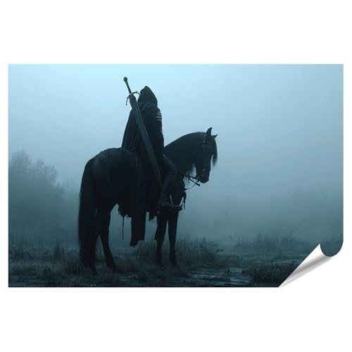 islandburner Poster haut de gamme Cavalier sombre sur cheval noir dans le brouillard Fantasy Tableau mural standard
