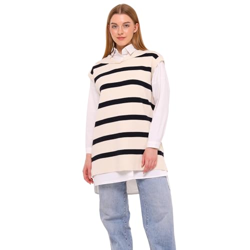 Image of Women's Knitted Sweater | Sleeveless Striped Pattern Long Knit Sweaters | Seasonal Women's Tops Modest Clothing (US, Alpha, Small, Regular, Regular, Navy Blue-Beige)