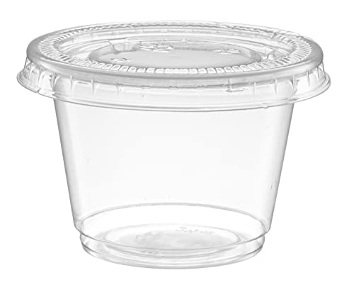 Image of {2.5 oz - 100 Sets} Clear Diposable Plastic Portion Cups With Lids, Small Mini Containers For Portion Controll, Jello Shots, Meal Prep, Sauce Cups, Slime, Condiments, Medicine, Dressings, Crafts, Disposable Souffle Cups & Much more
