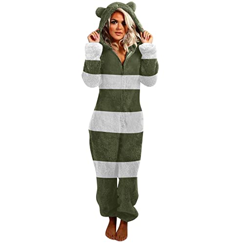 Aniywn Adult Onesie Pajamas for Women with Hood Comfy Sherpa Fleece Cute Ears Animal Costume Plush PJS One Piece Sleepwear