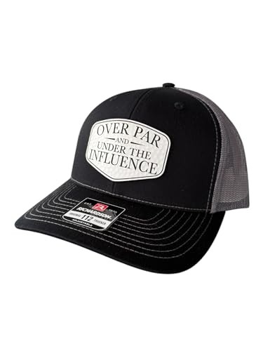 BUBBLEHEAD INK Handmade Golf Baseball Cap, Over Par And Under The Influence Patch, Funny Golf Hat For Men, Women, Black Richardson 112 Trucker, Snapback Adjustable, Summer Bachelor Party Hat Golfers (Black/Charcoal 112)