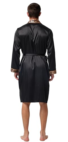 Image of TONY AND CANDICE Men's Satin Robe Lightweight Long Sleeve Silk Kimono Bathrobe with Shorts Set Sleepwear