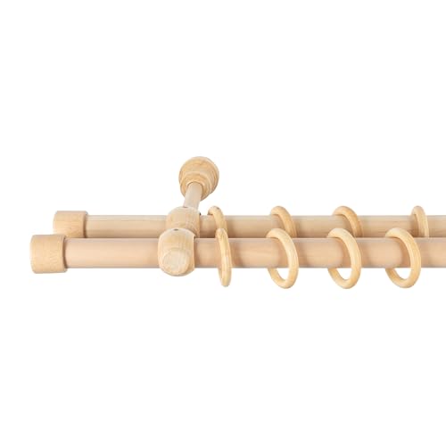 SN Deco - Stilgarnitur Gardinenstange Vorhangstange Cafiro, Holz, Ø 28mm, 2-Lauf, Komplettset mit Ringen, Farbe Natur 120cm