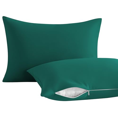 Image of NTBAY 2 Pack Pillows with Pillowcases, Soft Cotton Down Alternative 13x18 with Microfiber Zippered Pillowcases for Sleeping in Crib Bed - Machine Washable - Breathable Travel Pillow, Dark Green