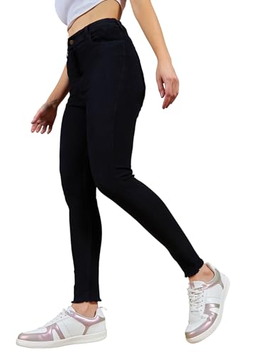 Image of Miss Chase Women's Skinny High Rise Cropped Fringed Hemline Detailing Stretchable Denim Jeans