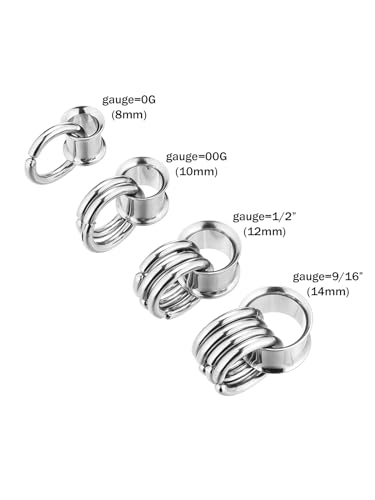 PiercingJ 1 Pair Ear Guages with Rings Ear Weight Plugs Tunnels Hypoallergenic Ear Expander Stretchers 316 Stainless Steel Hoop Earrings Piercing Body Jewelry 0G 00G 1/2" 9/16"3