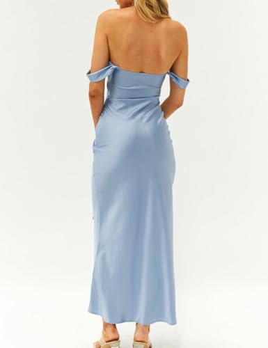 Image of Realtix Satin Off The Shoulder Strapless Bridesmaid Maxi Dress for Women | Elegant,Ruched,Backless,Long,Tube,Sleeveless,Bridesmaid,Wedding Guest,Evening,Cocktail Party,Semi Formal,Garden Party