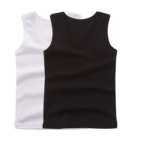 Générique - Lot de 2 Débardeurs Fille Coton sous-Vêtements T-Shirt Couleur Unie Cami Gilets Chemises pour Enfants Camis Sport Tantop Hauts D'Été Tops Décontractée Tee Shirt Garçon Débardeur Noir + Blanc 7-8 Ans