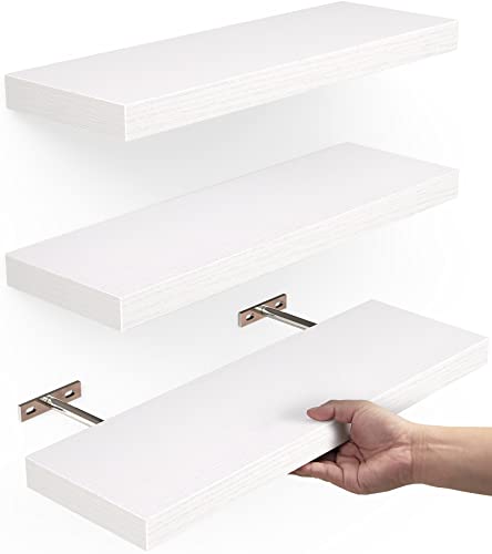 BAYKA Floating Shelves, Wall Mounted Rustic Wood Shelves for Bathroom, Bedroom, Living Room, Kitchen, Small Hanging Shelf for Books/Storage/Room Decor with 22lbs Capacity (White, Set of 3, 16in)