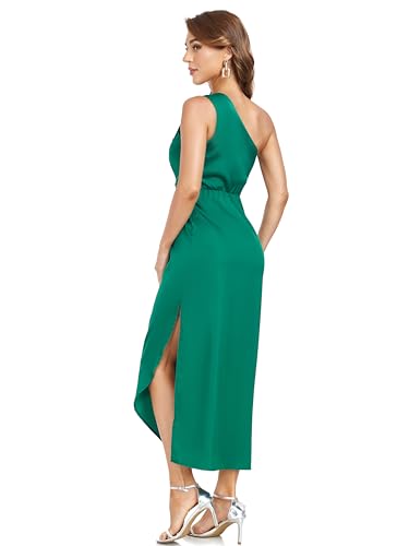 Image of Women's One Shoulder Satin Silk Backless Split Wrap Hem Twist Ruched Summer Party Cocktail Midi Dress