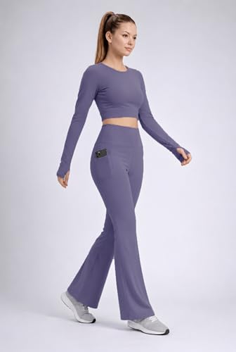 Image of PINAAK FASHION Women's Yoga Co-Ord Set | Full Sleeve Crop Top & Flared High Waist Yoga Pants with Pocket | Thumb Hole Sleeves | Bell Bottom Gym Wear Activewear Tracksuit for Workout, Running & Lounge