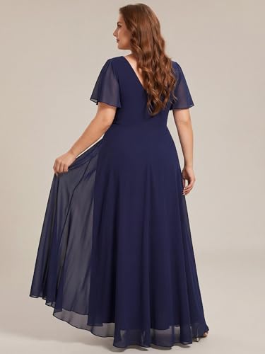 Image of Ever-Pretty Plus Women's Chiffon V-Neck Beading Ruffles Sleeves Maxi High Low Plus Size Formal Dresses